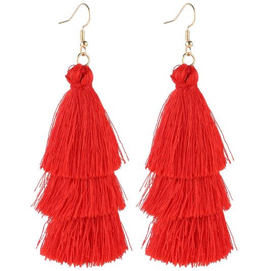 Layered Tassel Earrings for Women Bohemian Tassel Earrings Fringe Dangle Drop Earrings for Christmas Birthday Wedding Valentines Day Jewelry Gift (Red)