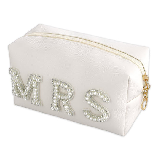 MRS Letter Makeup Bag with Zipper Pearl Rhinestone Cosmetic Bag PU Leather Waterproof Toiletry Bag Organizer for Bride Gifts Women Travel(White)