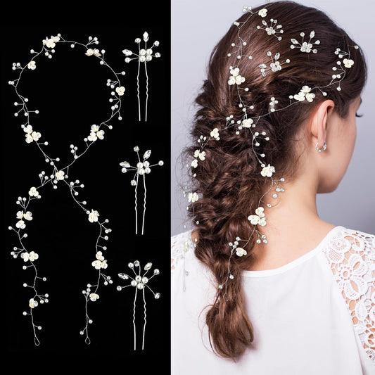 Bridal Hair Vine with 3Pcs Pearl Flower Hair Pins, Silver Bride Flower Headpiece Hairband for Women Girls Wedding Bridesmaids