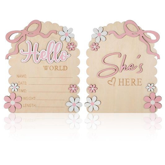 Baby Announcement Sign, Wooden Hello World Newborn Welcome Sign, She’s Here Card, Bow Birth Stats Signs Newborn Photo Prop, Monthly Milestone Wood Double-Sided