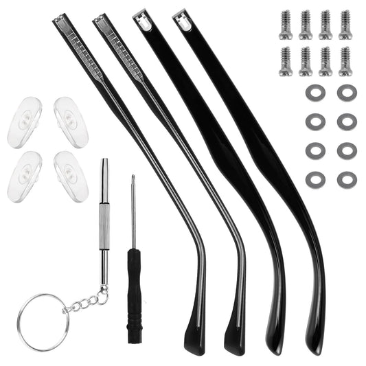 Glasses Arm Replacement - 2 Pairs Black Eyeglass Arms Single Teeth Glasses Legs Temple with Anti-Slip Tips - Eyeglasses Replacement Parts Repair Kit with Screws Washers Screwdrivers Nose Pads
