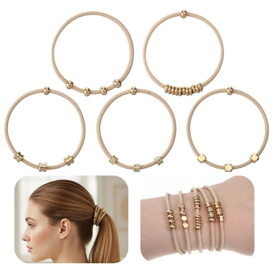 Boho Hair Ties Bracelet Set of 5 - Stackable Beaded Ponytail Holders | Gold Bead Elastic Bracelet Hair Ties for Women, Double as Jewelry for Summer, Festival, Daily Wear (Beige)