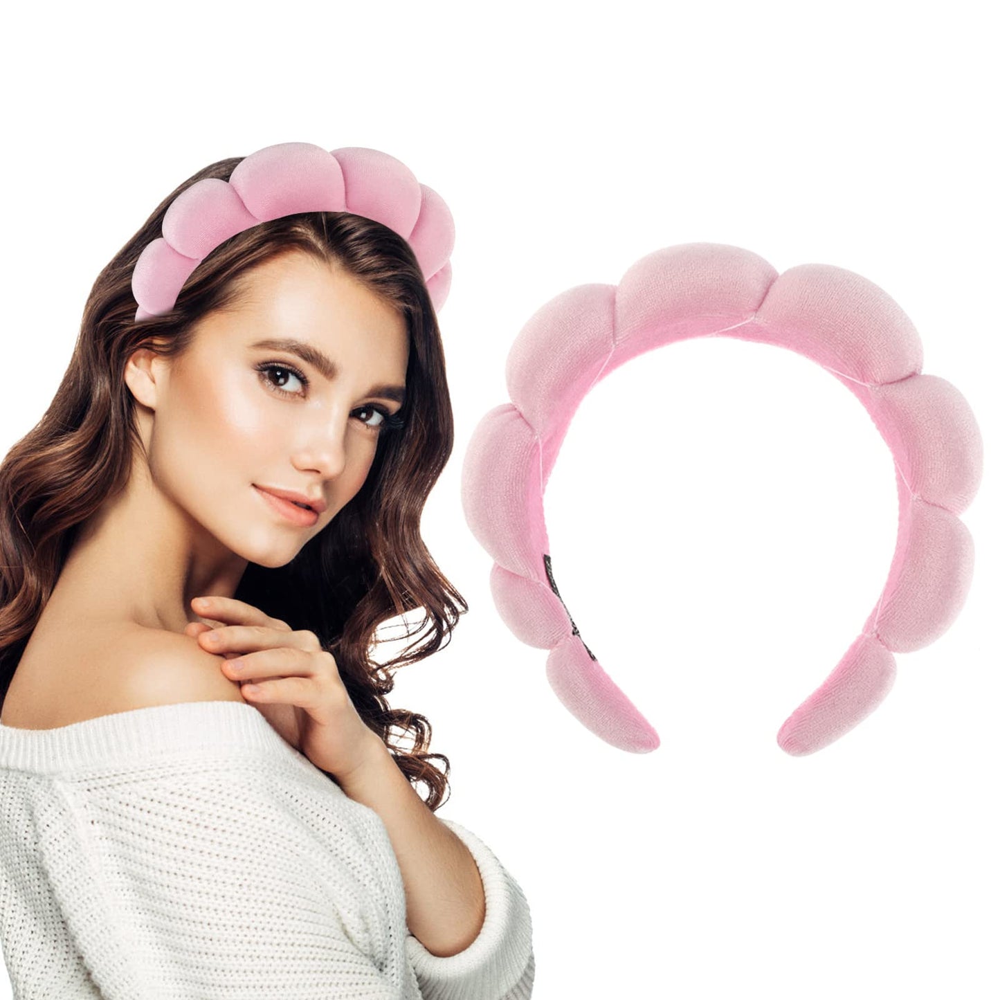 Spa Headband for Women, Makeup Headband Sponge Skincare Headband Soft Terry Cloth Fabric Hairband Hair Accessories for Washing Face, Makeup Removal, Shower, Skincare (Pink)