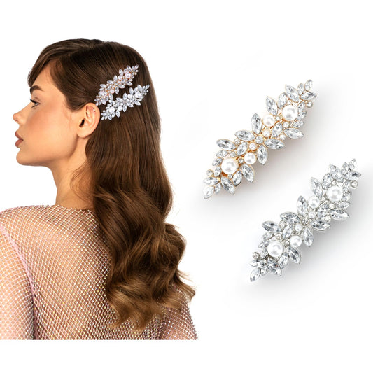 Lusofie 2Pcs Rhinestone Hair Clips Crystal Pearl Bridal Hair Clip Fancy Hair Clips Wedding Accessories Hair Barrettes for Women Girls Bridal