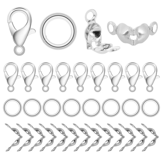 Yolev 450 Pieces Jewelry Making Findinng Accessories Set Includes 200 Pieces Bead Tips Knot Covers 200 Pieces Open Jump Ring Connectors and 50 Pieces Lobster Claw Clasps for DIY Jewelry Crafts Making