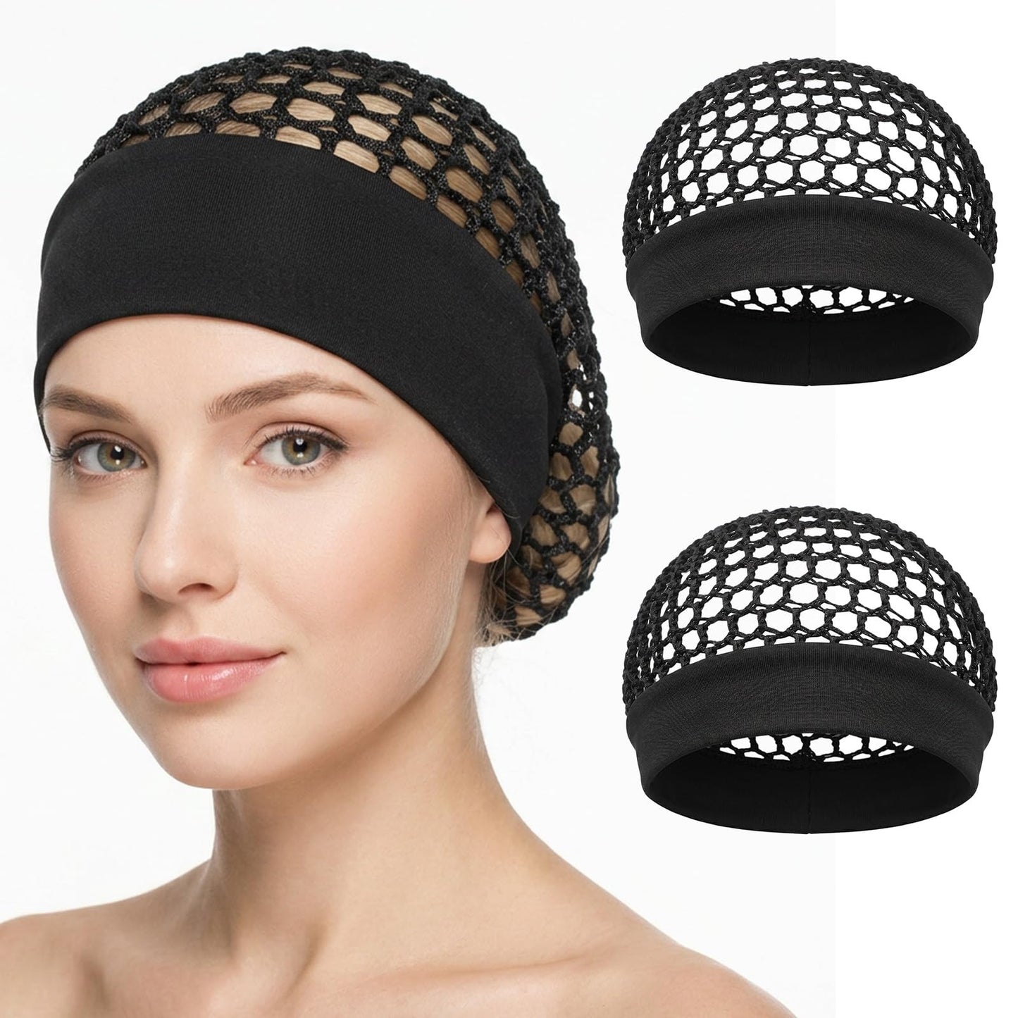 2 Pieces Hair Nets for Sleeping Lightweight Breathable Elastic Crochet Hair Wrap Net Washable Mesh Snood Cap Sleep Hat for Women (Black)