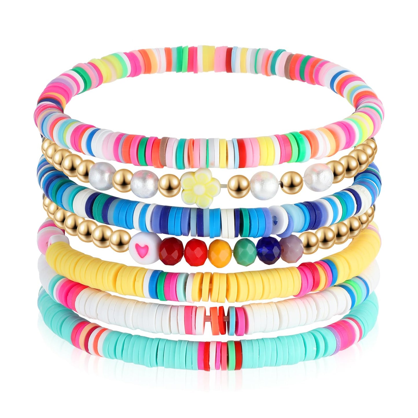 7Pcs Preppy Bracelet Set Colorful Heishi Surfer Clay Bead Bracelets Preppy Jewelry Evil Eye Beaded Stretch Bracelet Stackable Elastic Layering Bracelets Boho Summer Beach Bracelets for Women Girls
