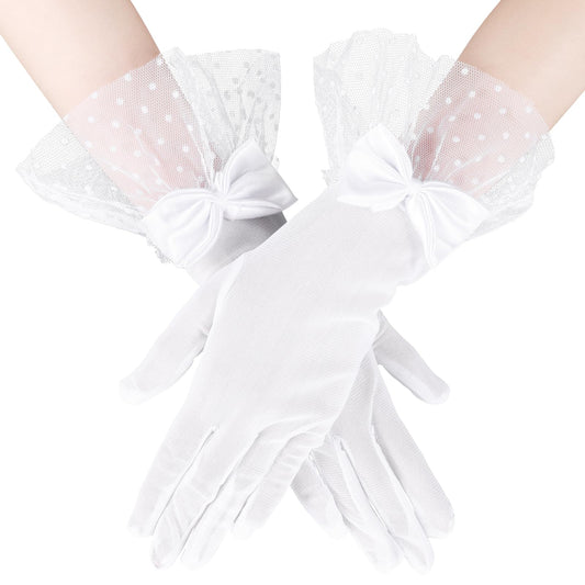 Women Lace Gloves Party Bridal Wedding Gloves Women Party Bow Lace Gloves Short White Lace Gloves Tulle Mesh Gloves Vintage Prom Evening Gloves for Women Evening Accessories Tea Party Dinner Funeral