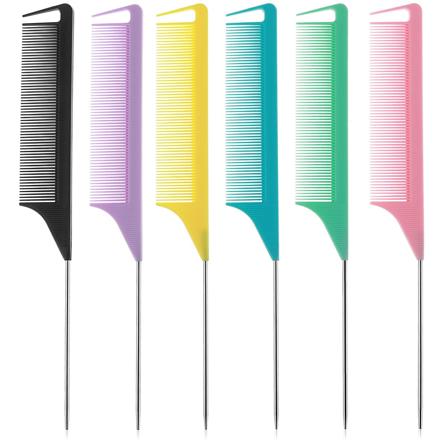 6Pcs Metal Rat Tail Combs Fine Tooth Rattail Comb Parting Combs with Stainless Steel Pintail for Braiding Hair Sectioning Teasing Styling(8.66 Inch)