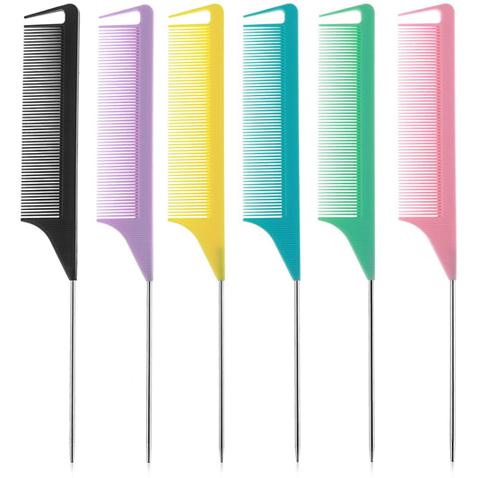 6Pcs Metal Rat Tail Combs Fine Tooth Rattail Comb Parting Combs with Stainless Steel Pintail for Braiding Hair Sectioning Teasing Styling(8.66 Inch)