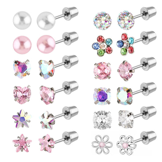 Lusofie 12Pairs Pink Screw Back Stud Earrings Flat Back Earrings Surgical Steel Heart Flower Ball CZ Pearl Stud Earrings Set for Women(Multicolored)