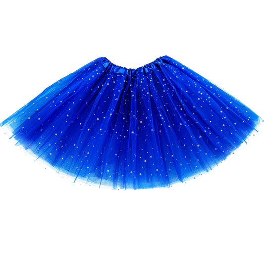 Yolev Tutu Skirts for Women Adult Elastic 3 Layered Tulle Tutu Skirt with Sequin Stars Retro 80's Layered Bubble Skirt Running Skirt (Royal Blue)