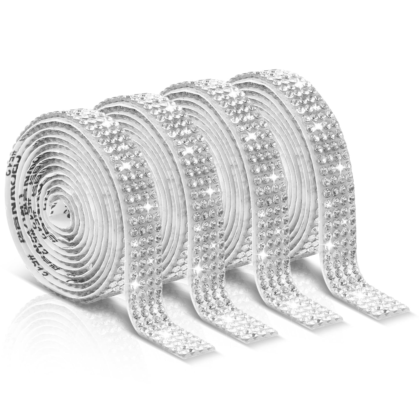 Self Adhesive Rhinestone Ribbons 4 Rolls Bling Crystal Rhinestone Strips Stickers Glitter Wrap Roll for DIY Crafts Clothes Car Shoes (4 Rows of 1 Yard, Silver)