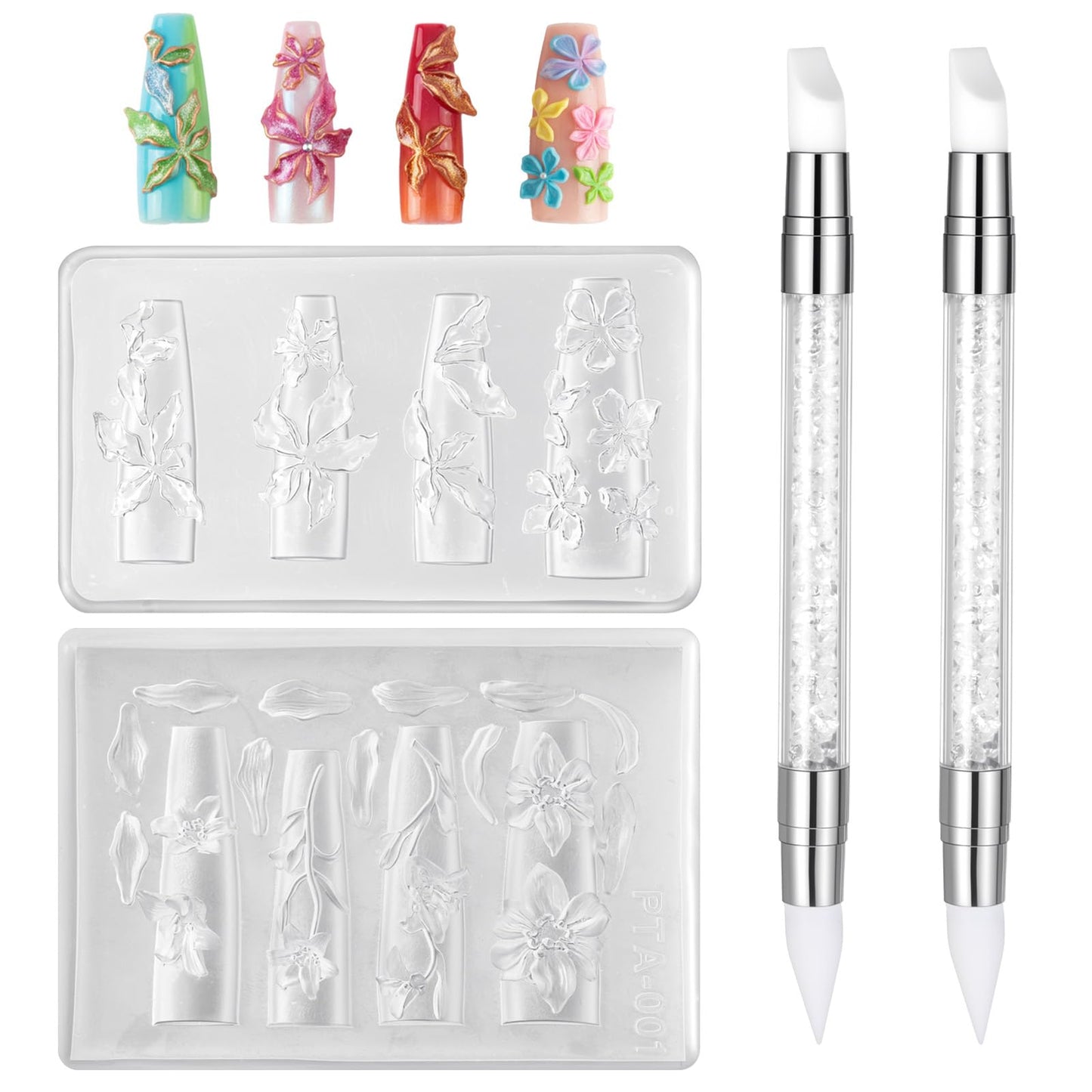 Silicone Nail Molds 2PCS with 2 Carving Pens - Reusable Clear 3D Flower Molds for Nail Art, Cherry Blossom Plumeria Hibiscus Designs, DIY Resin Charm Templates for Manicure & Crafting