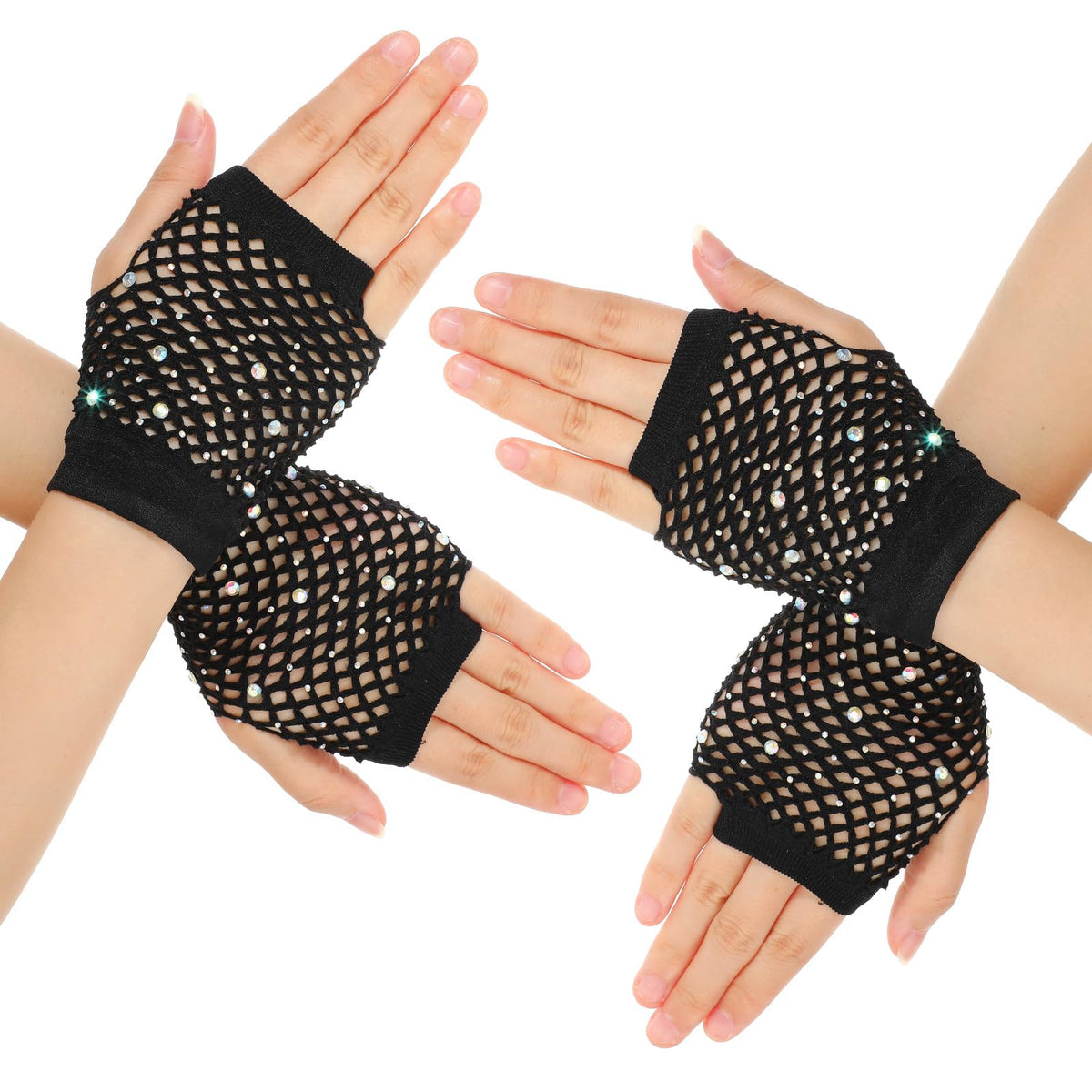 2 Pairs Short Fishnet Gloves for Women, Rhinestone Fingerless Mesh Gloves