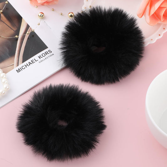 Lusofie 2Pcs Black Shaggy Pom Pom Hair Scrunchies Fuzzy Hair Ties Artificial Rabbit Fur Hair Bobbles Hair Bands Black Plushy Ponytail Holders for Girl Women