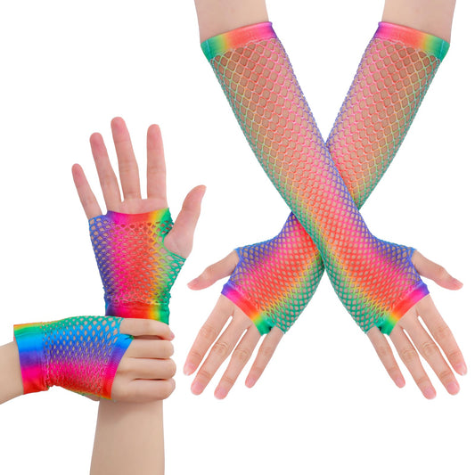 Yolev Rainbow Fingerless Fishnet Gloves 2 Pairs Long Fishnet Mesh Fingerless Gloves 80s Short Fishnet Gloves 80s 90s Party Cosplay Costume Accessories for Women and Girls