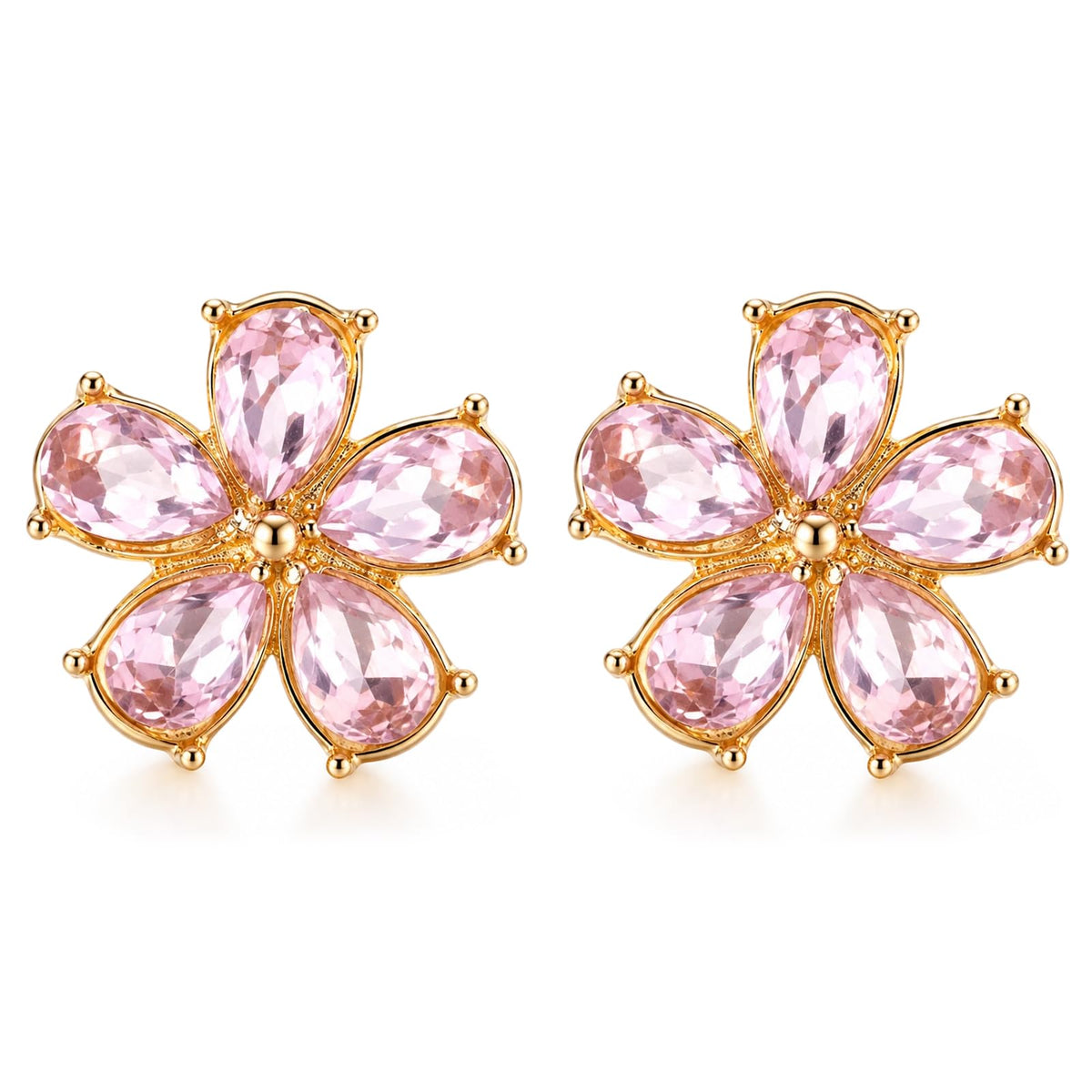 Crystal Pink Flower Earrings for Women Cubic Zirconia Floral Stud Earrings