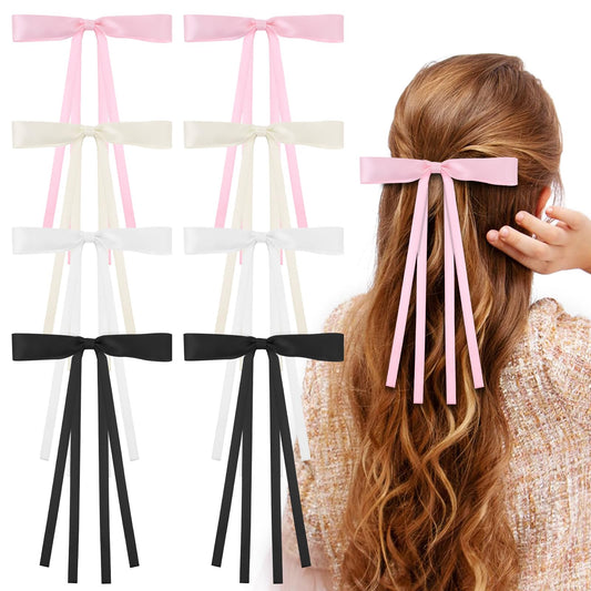 8 Pcs Ribbon Hair Clips Tassel Ribbon Bowknot Hair Clips with Long Tail Bow Hair Clips for Women Bowknot Barrettes Small Ribbon Clips for Hair Hair Clips with Bow Ponytail Holder Long Hair Accessories