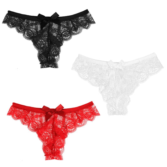 Yolev Women Lace Panties Sexy Bow Lace Thongs Underwear Low Rise V-Shape Design Tangas Panties(Multicolor,M,as8,alpha,m)