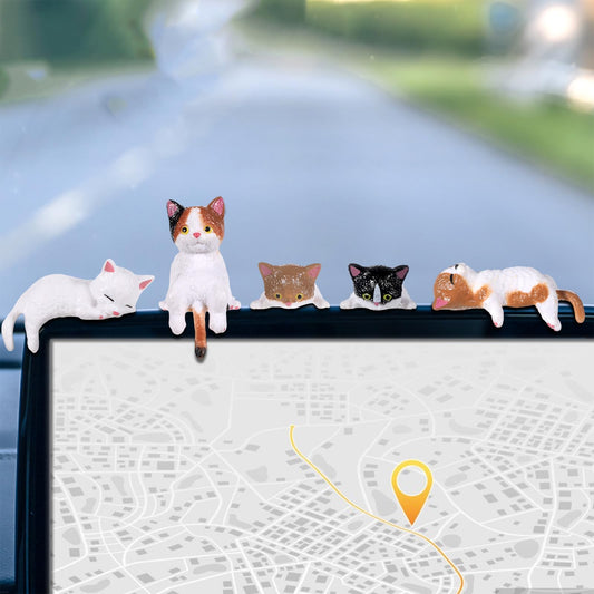 Tucnoeu 5pcs Cute Cat Fingurine Computer Monitor Decor, Mini Cat Figurines, Car Accessories Interior, Mini Resin Cats for Computer Monitors, Car Screens, Desks