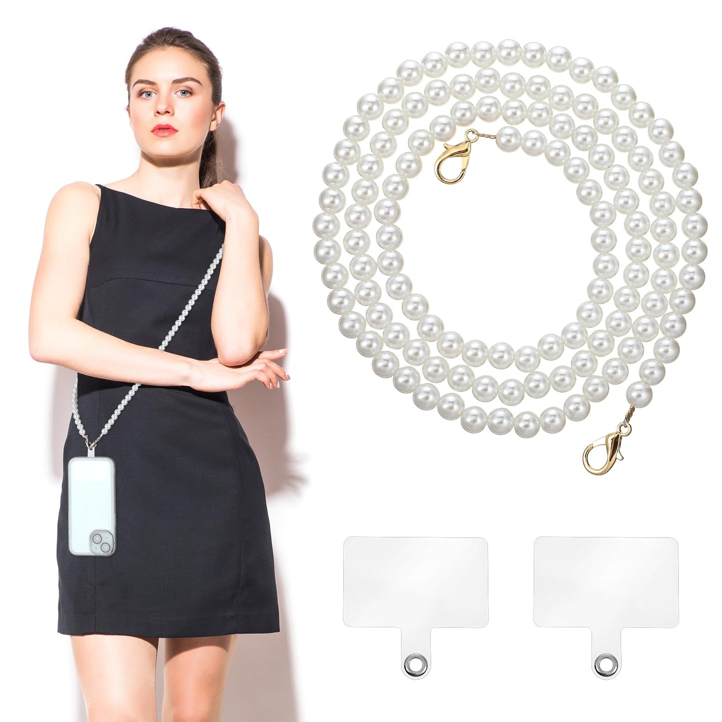 Pearl Beaded Cell Phone Chain Crossbody Strap, Universal Phone Lanyard with Wrist Strap, Shoulder Crossbody Lanyard with 2Pcs Tether Patches for Most Phones Case Bag Purse