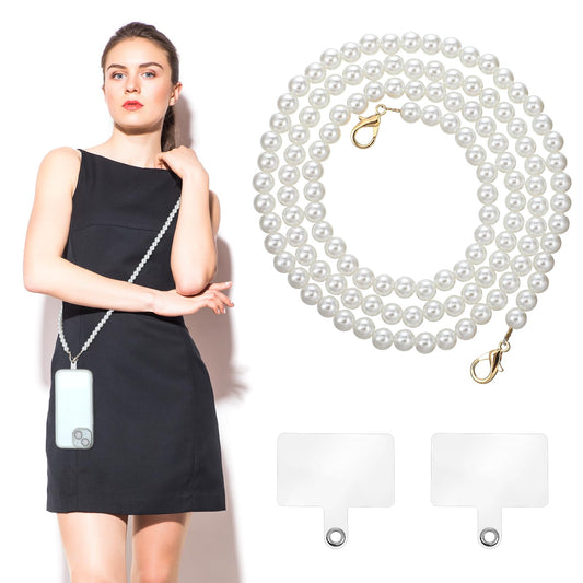 Pearl Beaded Cell Phone Chain Crossbody Strap, Universal Phone Lanyard with Wrist Strap, Shoulder Crossbody Lanyard with 2Pcs Tether Patches for Most Phones Case Bag Purse