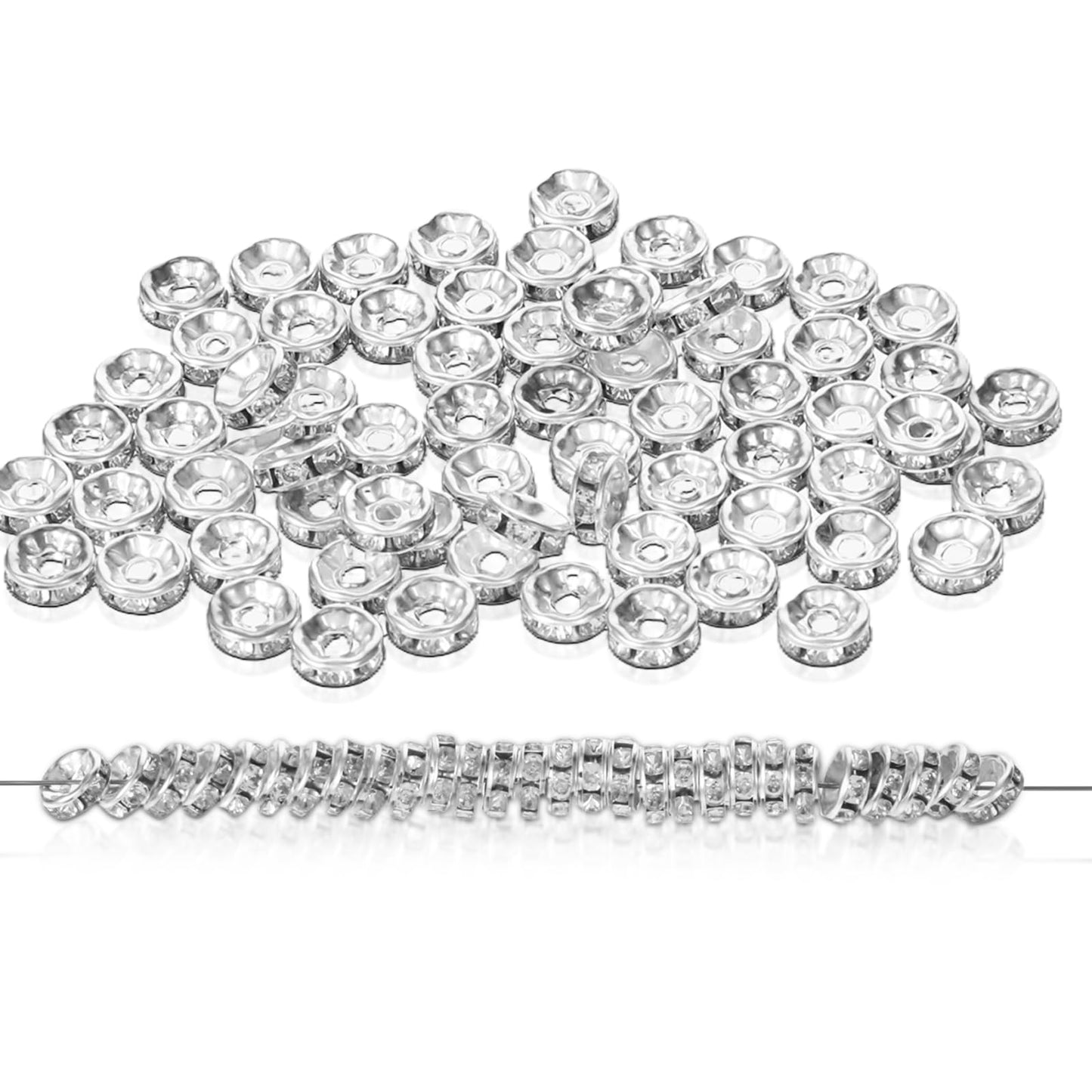 Yolev 200 pcs Spacer Beads 8mm Rhinestone Beads for Pens Crystal Beads for Jewelry Making Silver Beadable Pens Beads Rondelle Spaced Beads White Rondelle Beads