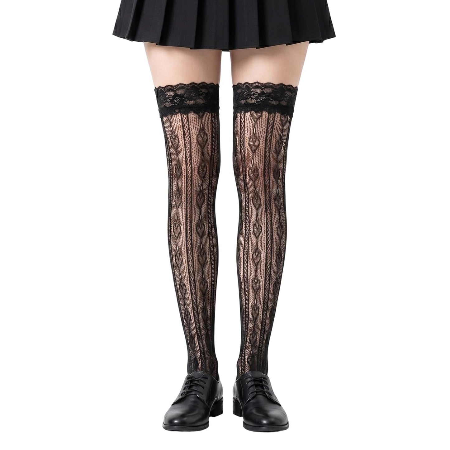 Lace Knee High Socks, Thigh High Stocking with Lace Trim, Black Laces Socks Women, Sweetheart Knit Knee Highs With Laces Ruffle Cuff, Mesh Sexy Black Thigh Highs Sock with Faux Pearls for Women Girl