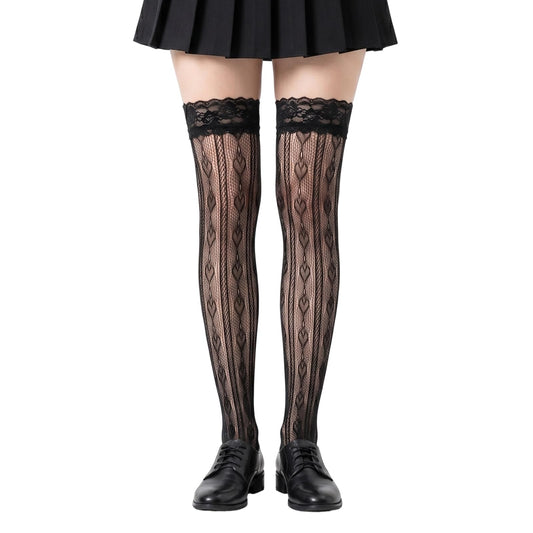 Lace Knee High Socks, Thigh High Stocking with Lace Trim, Black Laces Socks Women, Sweetheart Knit Knee Highs With Laces Ruffle Cuff, Mesh Sexy Black Thigh Highs Sock with Faux Pearls for Women Girl