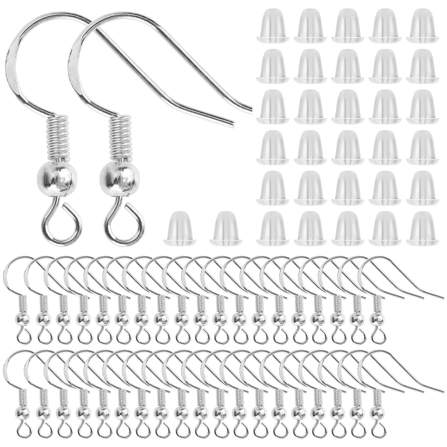 Yolev 200PCS Silver Earring Hooks Set, Hypo-allergenic Earring Hook DIY Jewelry Making Earring Making Supplies with Clear Silicone Earring Backs Stoppers