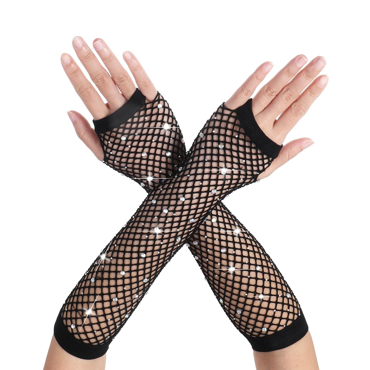 Women Rhinestone Fishnet Fingerless Gloves, Fish Net Arm Sleeve Warmers
