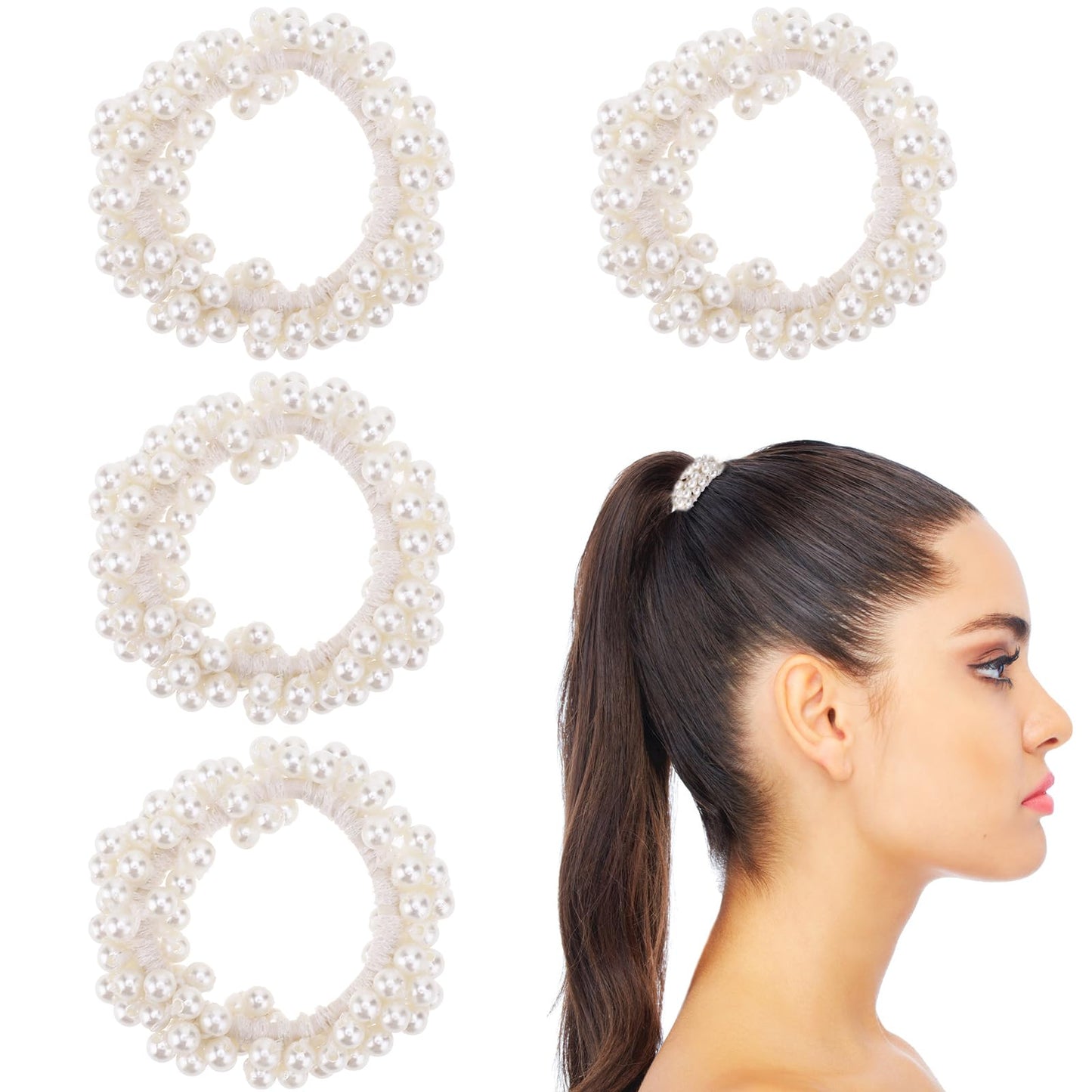 Lusofie 4Pcs Pearl Hair Ties White Pearl Scrunchie Elastic Pearl Ponytail Holder Hair Ropes Hair Accessories for Women and Girls