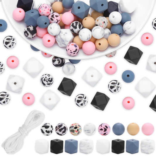 Yolev 64Pcs Silicone Beads Bulk Mixed Round Geometry Silicone Beads with 5M Rope Cow Silicone Beads for Keychain Making Necklace Bracelet Craft DIY(12mm 14mm)