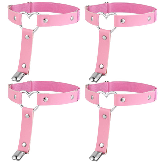 Yolev 4Pcs Women Adjustable Leather Thigh Garter Heart Shaped Leg Garter with Clips Punk Goth Garters for Thigh-high Socks (Pink)