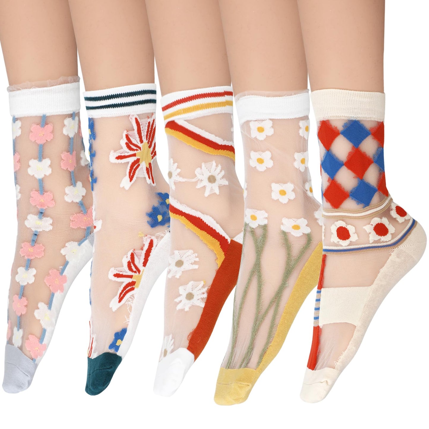 Lusofie 5 Pairs Sheer Floral Socks Transparent See Through Socks Summer Thin Mesh Ankle Socks for Women Girls