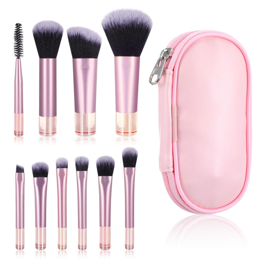 10 Pcs Easy-Taken Travel Makeup Brushes Mini Makeup Brush Set Portable Travel Brush Set with Pack Suitable for Foundation Eye Shadow Lipstick Concealer Highlighting Shadow Contour Blush (Pink)