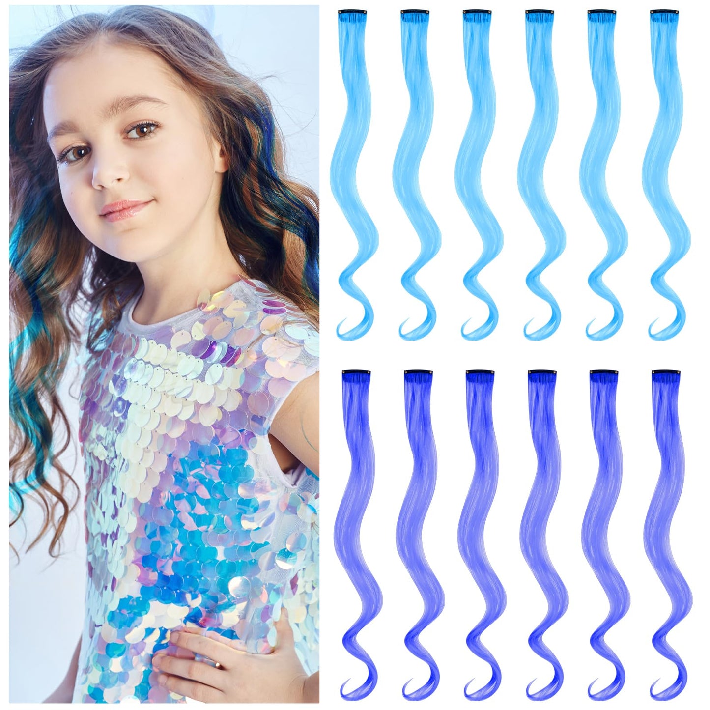 Blue Clip in Hair Extensions 12 Pieces Wavy Hair Extensions for Women Girls Blue&Teal Hair Extensions