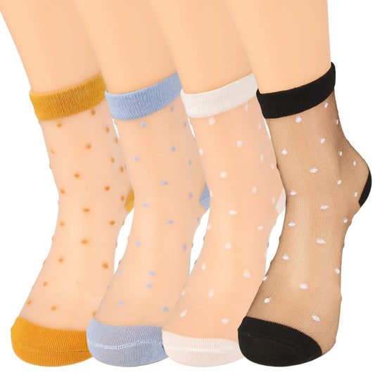 Telooco Pop Socks Women Ankle Sheer Socks 4 Pairs Nylon See Through Socks Breathable Ankle High Pop Socks with Cute Dots Pattern for Girls