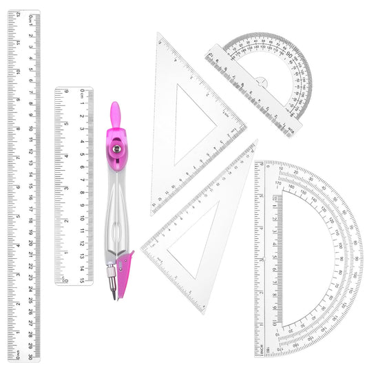 Plastic Ruler Set, Transparent Geometry Math Set Includes Drawing Compass, 12/6 Inch Straight Protractor,45/60 Degree Triangle Rulers, 6/4 Inch Protractor for School Office Home Supplies