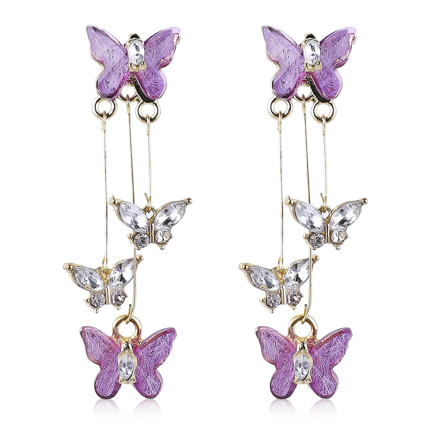 Purple Butterfly Earrings Shiny Crystal Rhinestone Drop Earrings Long Tassel Butterfly Dangle Earrings for Women Wedding Jewelry