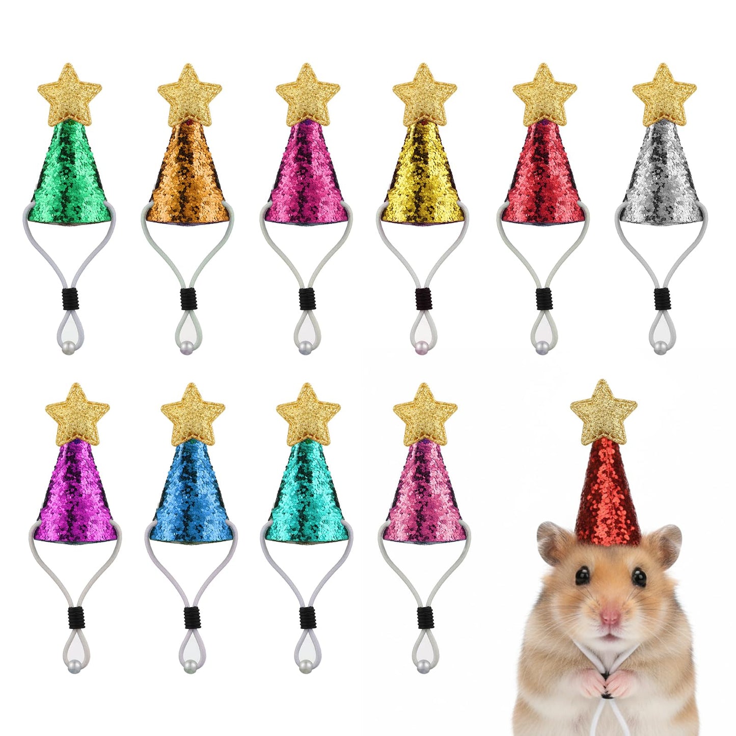 10PCS Mini Party Hats with Pom-poms, Adjustable Mini Party Hats for Stuffed Animals, Conical Sparkling Small Birthday Hat for Small Pet, Hamster, Hedgehog, Lizard, Reptile, Birthday Cake Decoration
