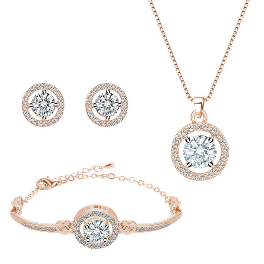 Crystal Jewelry Set for Women Rose Gold Cubic Zirconia CZ Jewellery Bridal Pendant Necklace Bracelet Earrings Set for Wedding Bride Bridesmaids Jewelry Set