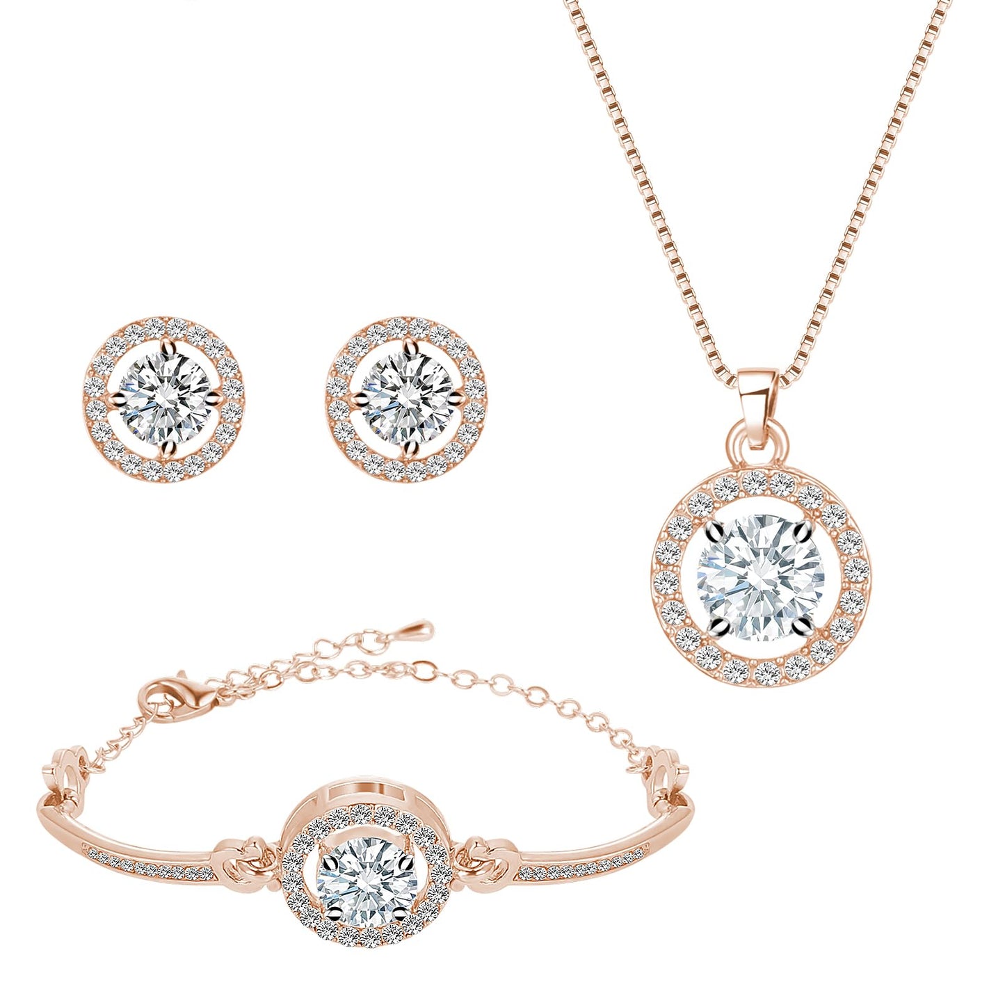 Crystal Jewelry Set for Women Rose Gold Cubic Zirconia CZ Jewellery Bridal Pendant Necklace Bracelet Earrings Set for Wedding Bride Bridesmaids Jewelry Set