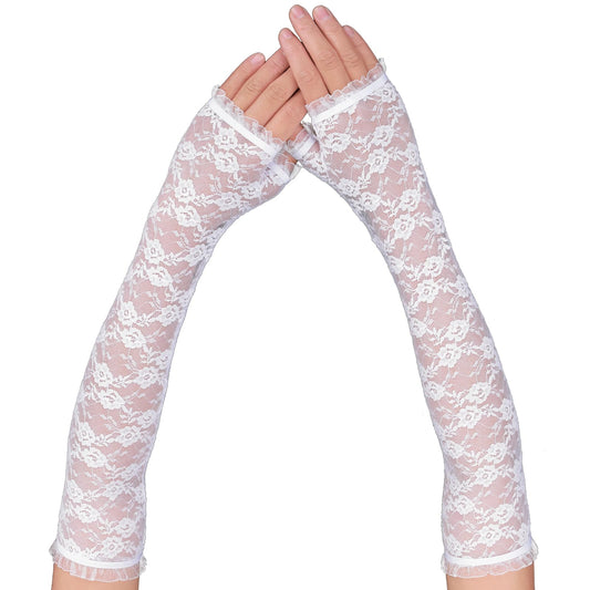 Women's Lace Floral Gloves Long Fingerless Gloves Elbow Length Bridal Gloves for Wedding Banquets Opera Tea Party (White)