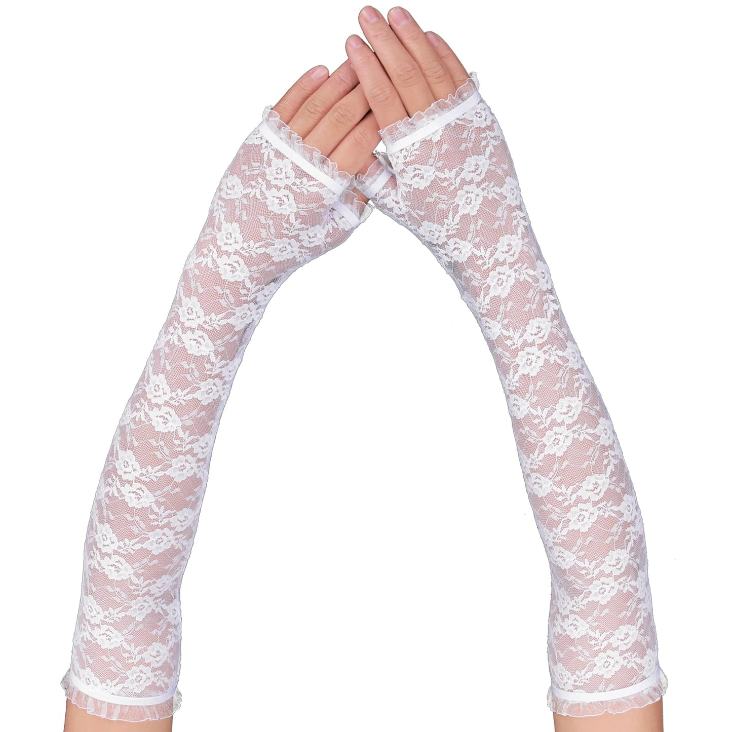 Women's Lace Floral Gloves Long Fingerless Gloves Elbow Length Bridal Gloves for Wedding Banquets Opera Tea Party (White)