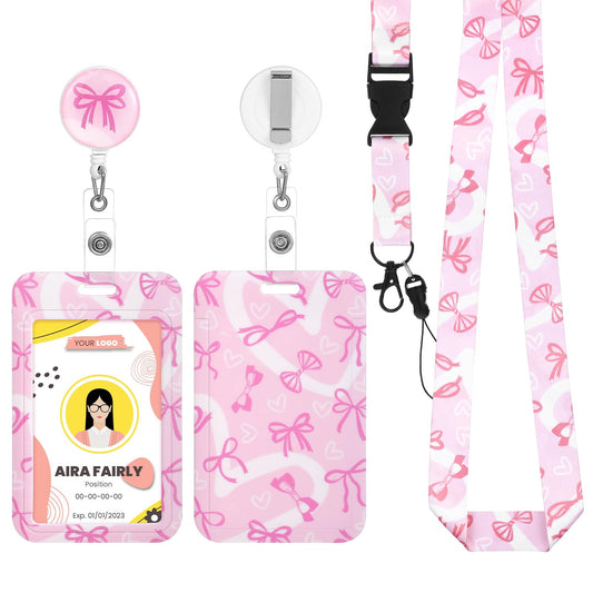Badge Holder with Lanyard, Cute Bow Lanyards for ID Badges Detachable Lanyard with ID Holder Retractable Lanyards Card Holders Vertical Card Protector for Teacher Nurse Office Worker Student