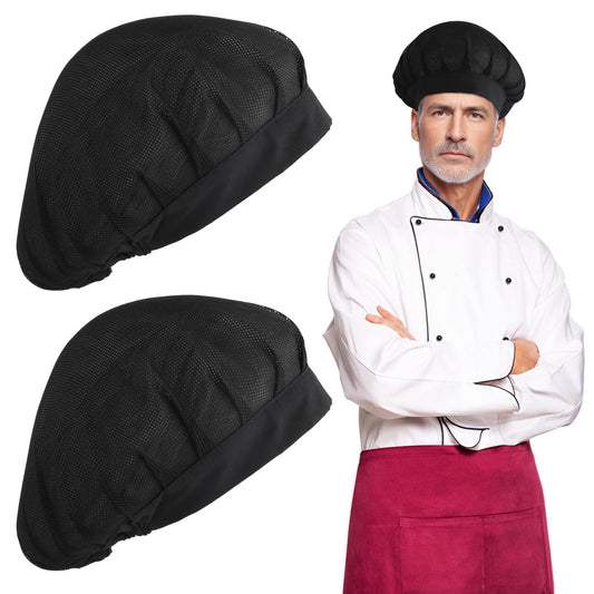 DIVINA VITAE 2 Pack Black Chef Hat Kitchen Cooking Chefs Hat Adjustable Chef Cap Reusable Food Service Hair Nets Hats Washable Mesh Bouffant Chef Beanie for Adults Women Men