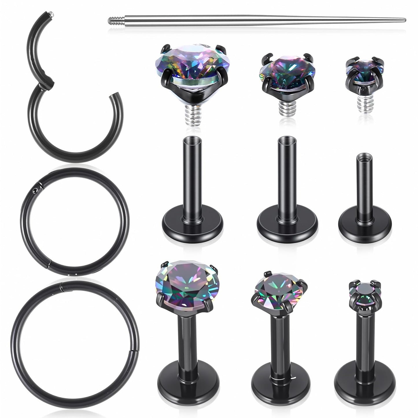 Josojoou 9PCS 16G Flat Back Stud Earrings Set, Internal Thread Flat Back Nose Stud, Anti-Sensitive Lip Rings for Nose Lip Nasal Septum Ear Cartilage Tragus Auricle Cochlea, Suitable for Men Women