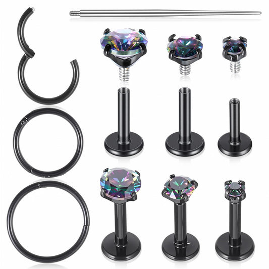 Josojoou 9PCS 16G Flat Back Stud Earrings Set, Internal Thread Flat Back Nose Stud, Anti-Sensitive Lip Rings for Nose Lip Nasal Septum Ear Cartilage Tragus Auricle Cochlea, Suitable for Men Women